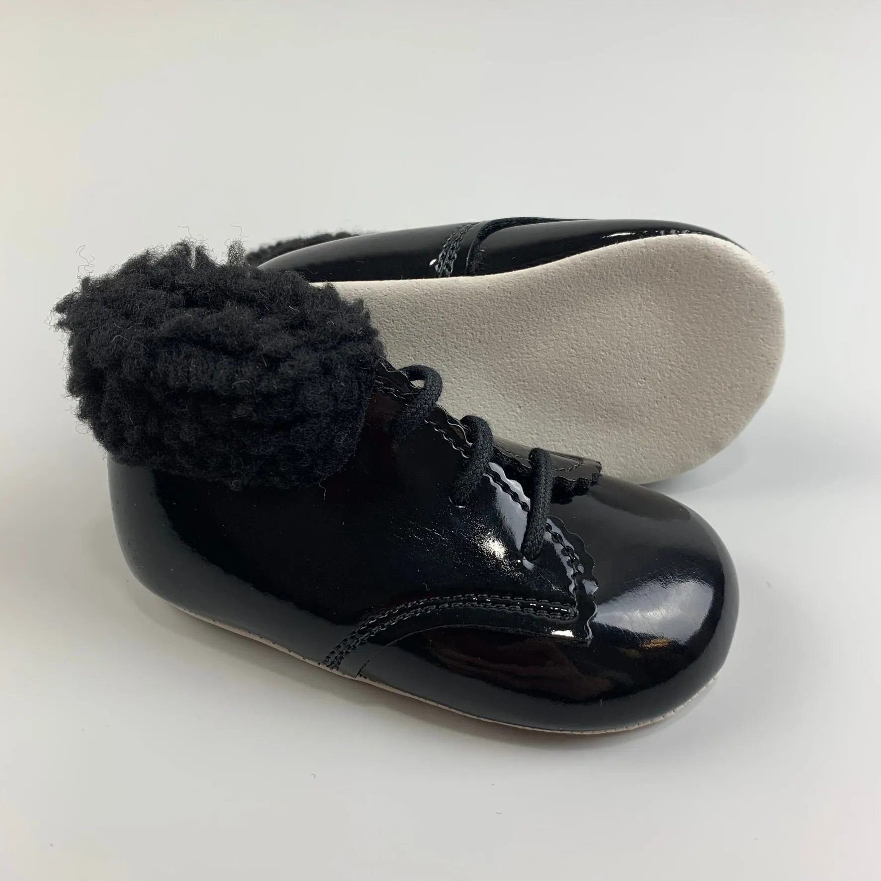 Baby Girl Boots / Shoes with Faux Fur Trim - Patent Black