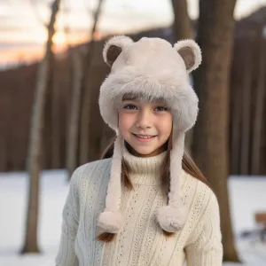 Black Ginger Cream Faux Fur Bear Hat with Pom Pom Ties - 800-678