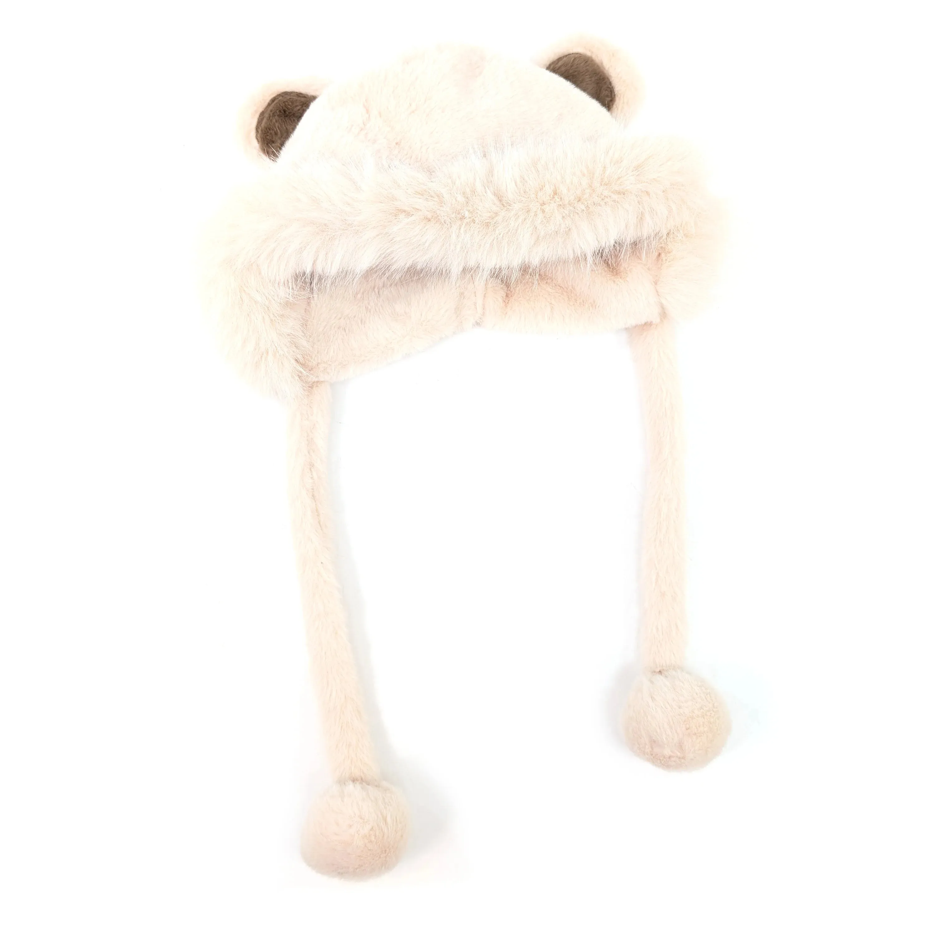 Black Ginger Cream Faux Fur Bear Hat with Pom Pom Ties - 800-678