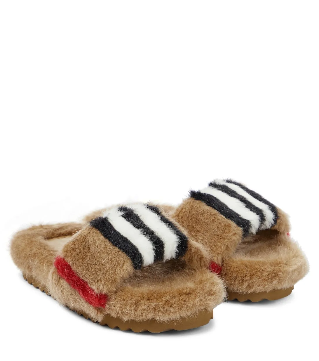 Burberry Icon Stripe Faux Fur Slides, Brown