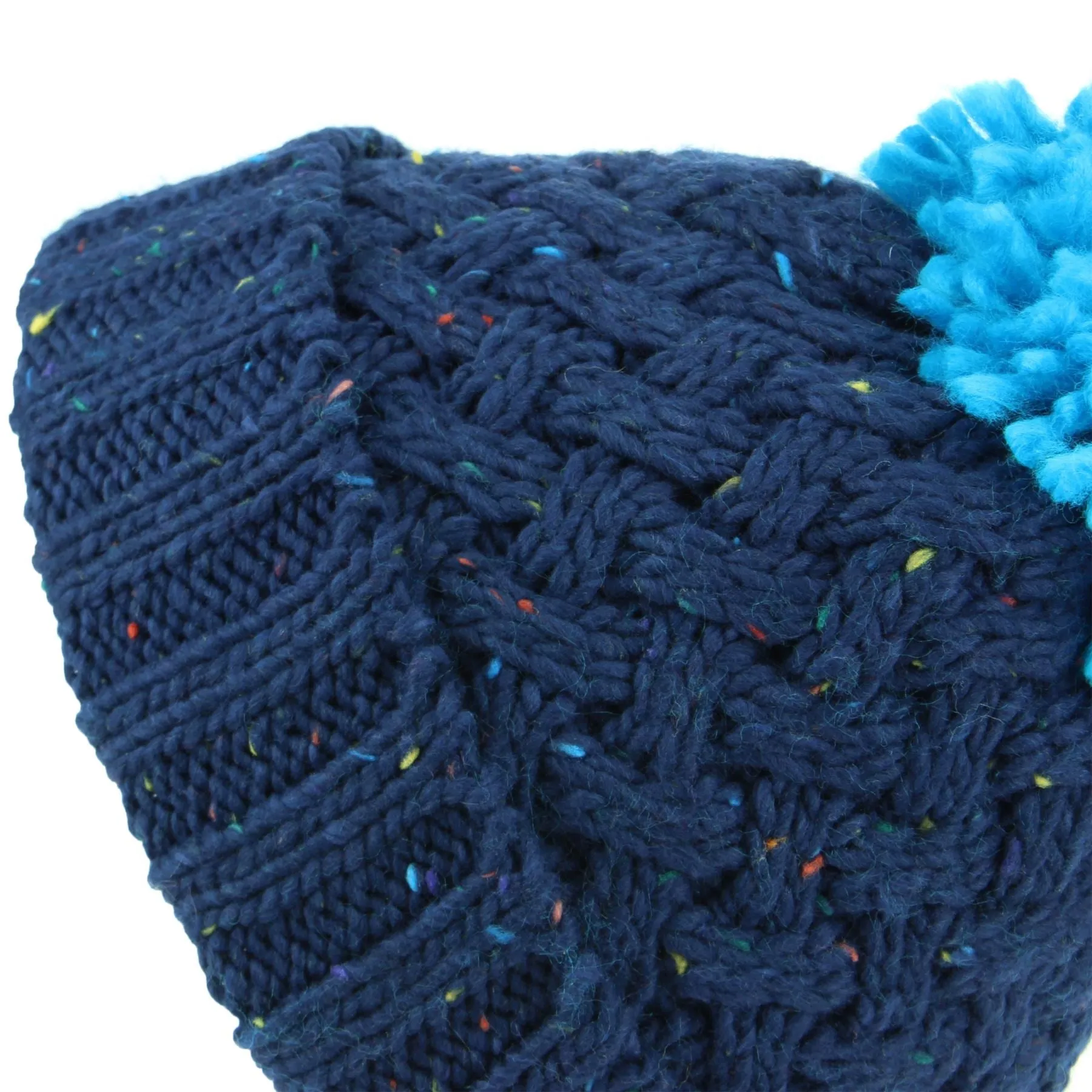 Children's Chunky Lattice Knit Navy Fleck Bobble Beanie Hat with Fleece Lining - Blue Bobble