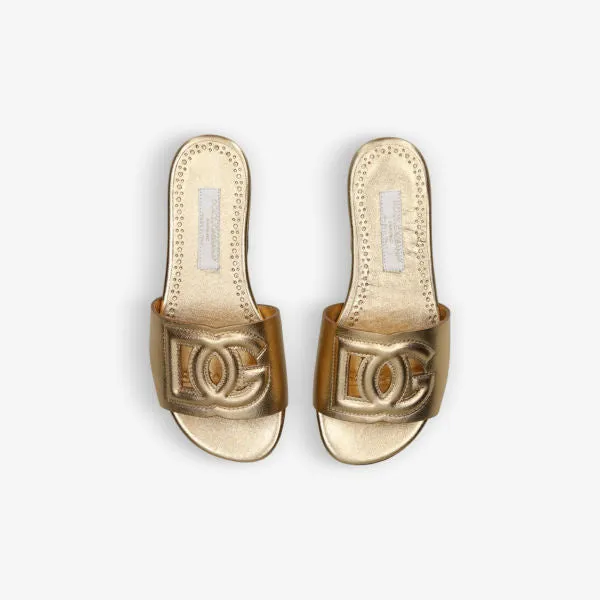 Dolce & Gabbana Ciabatta Laminato Leather Slippers with Embroidered Logo 6-9 Years, Yellow