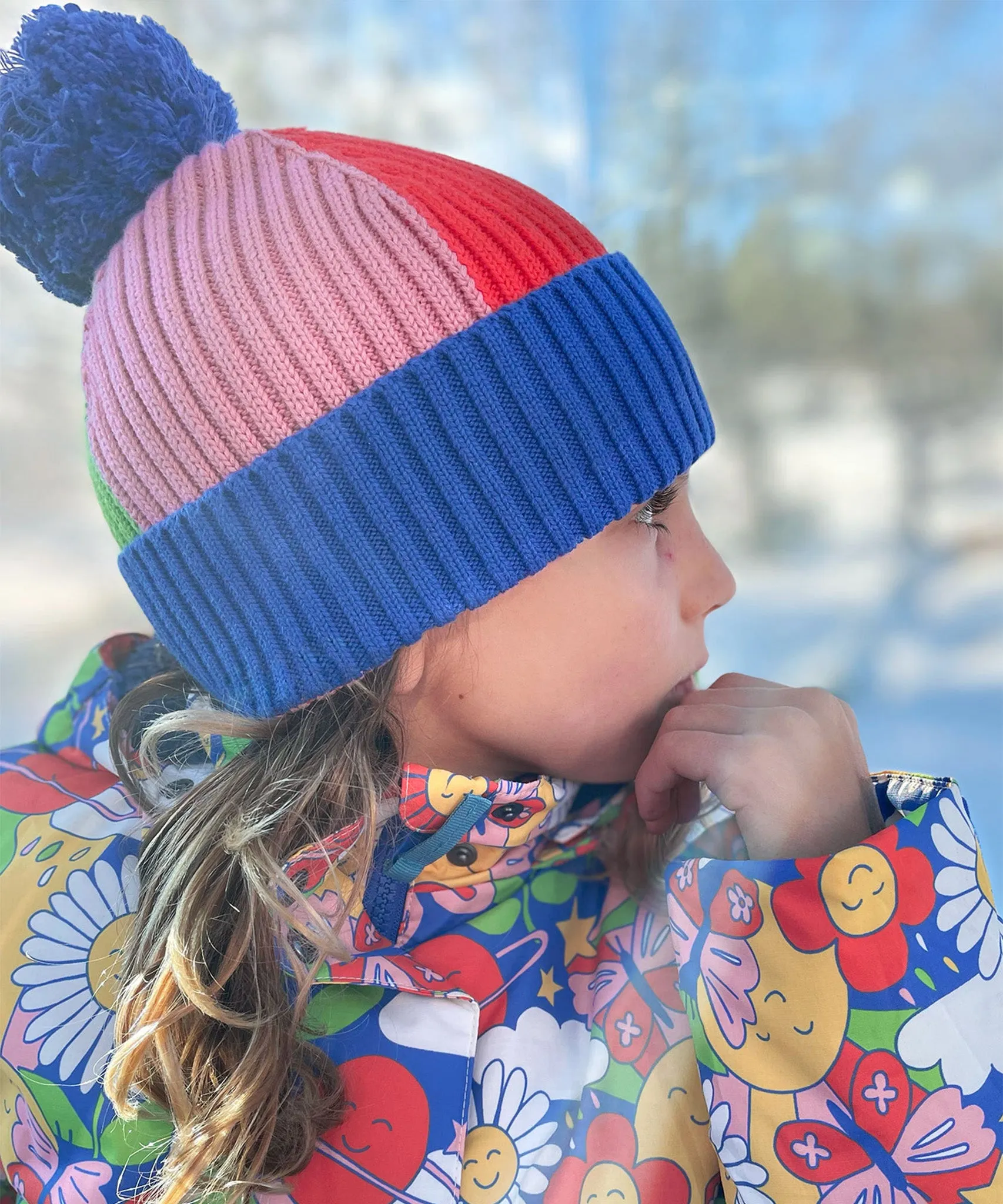 Frugi Rainbow Rib Bobble Hat - Blue Tang/Rainbow