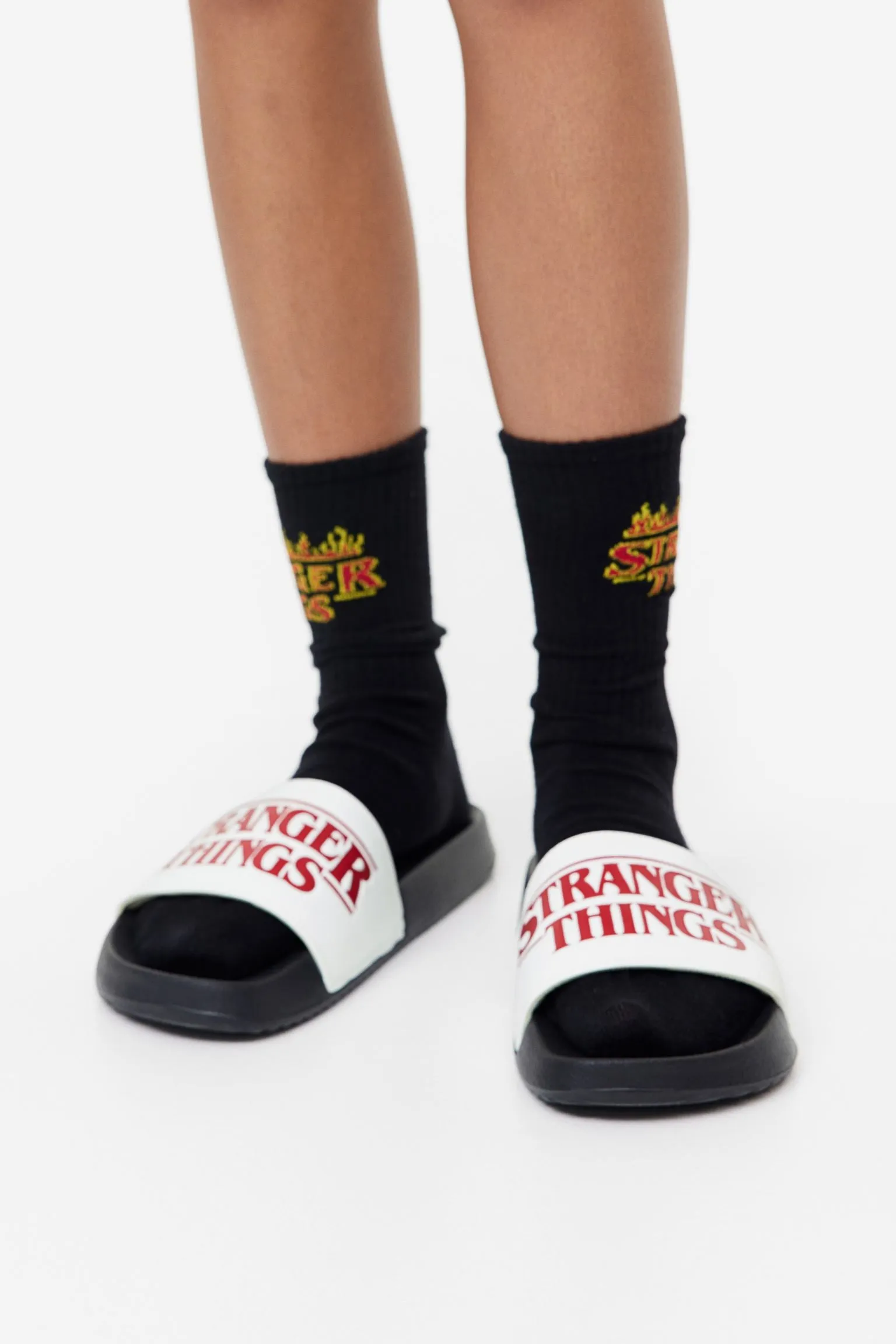 H&M Stranger Things Printed Pool Slippers, white/black