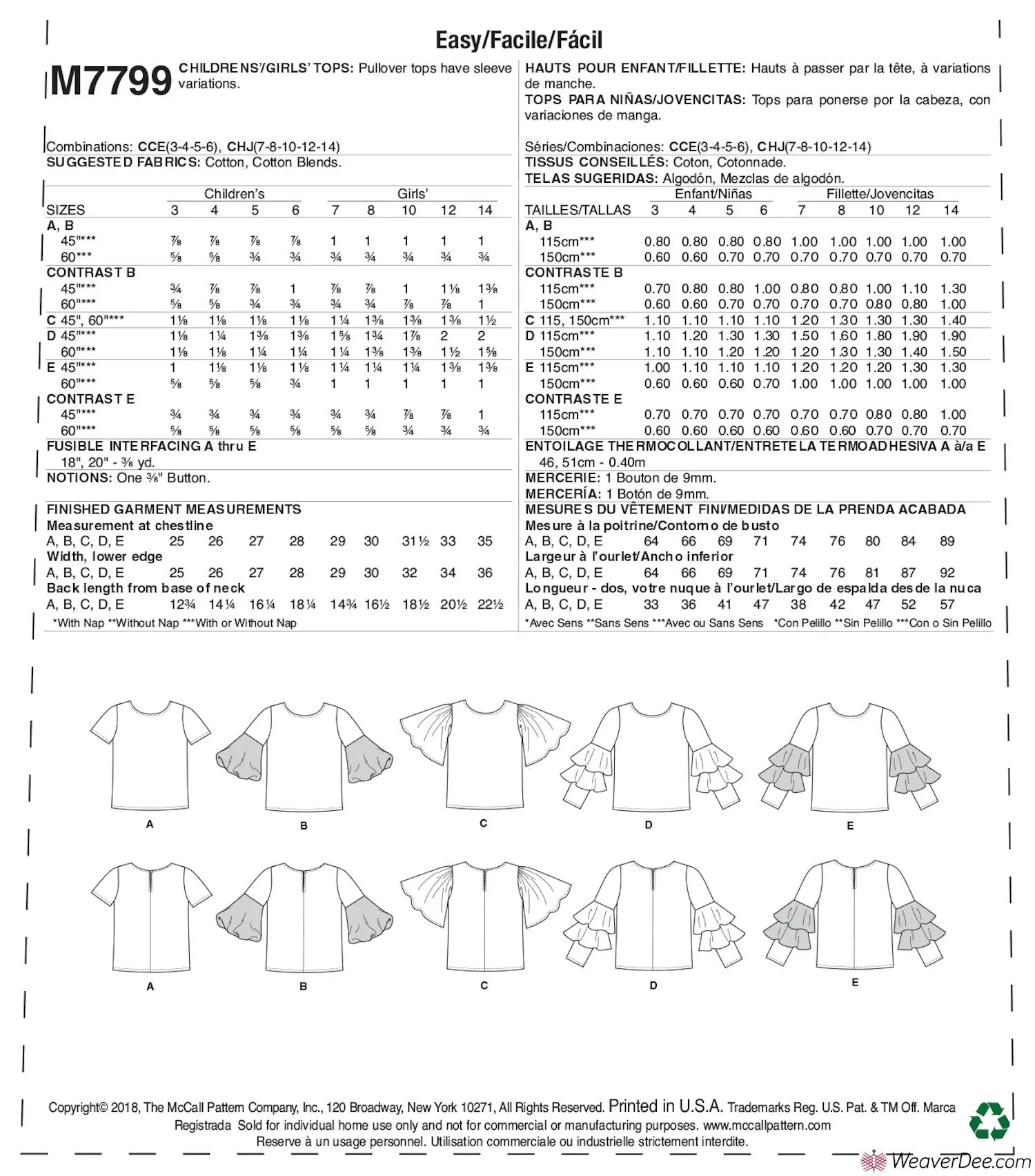 McCall's Pattern M7799 Children's/Girls' Tops